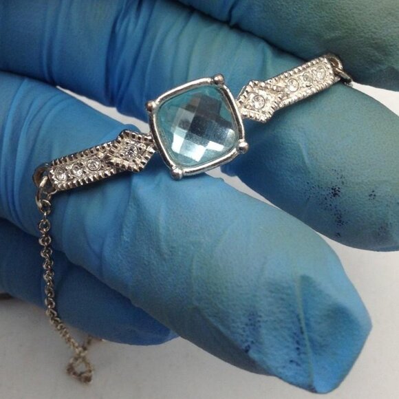 Signed Lia Sophia Clear Blue Rhinestone Silver Tone Linked  Art Deco Silver Tone Blue and Clear Stone Bracelet